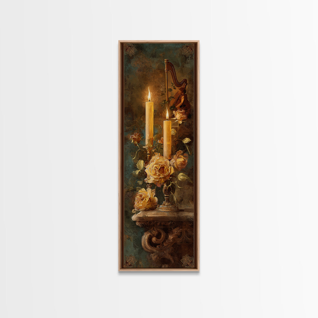 Golden Harp and Roses Framed Canvas Print, Baroque Art, Modern Wall Art, Living Room Decor, Oil Painting, Ornate, Feminist Art, BAO-1x3-54