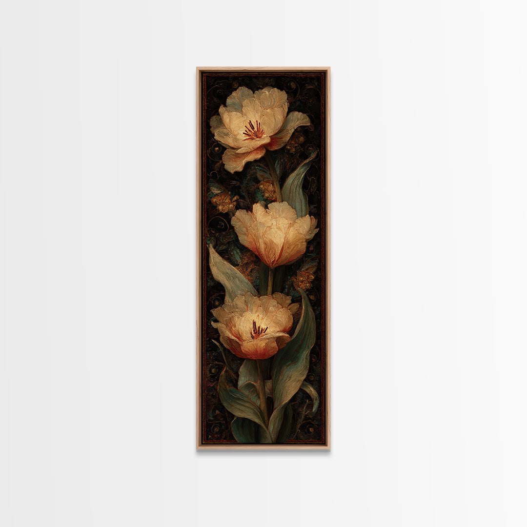 Black Background Tulips Framed Canvas Print, Baroque Art, Room Decor, Living Room Decor, Oil Painting, Ornate, Digital Wall Art, BAO-1x3-76