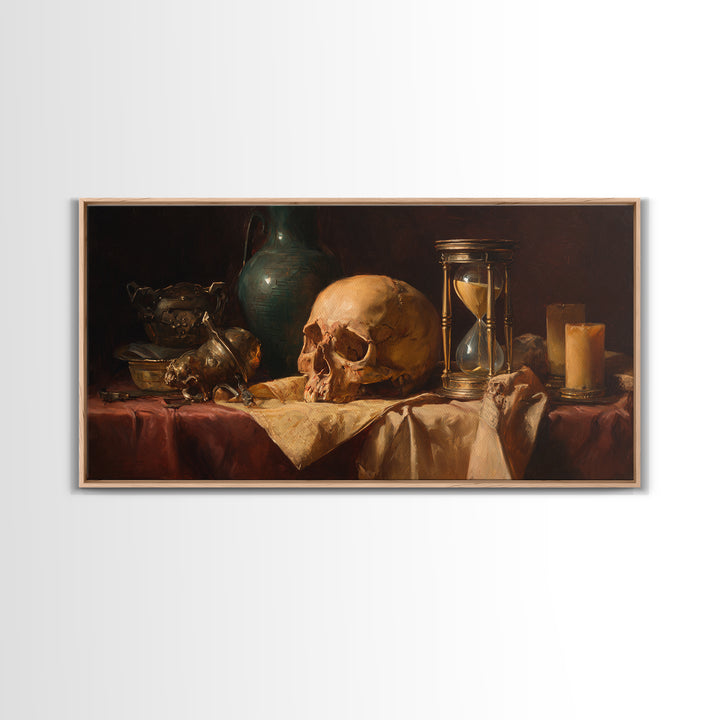 Skull and Hourglass Vanitas Still Life Framed Canvas Print, Baroque Art, Neutral Decor, Living Room Decor, Fine Art, Ornate, BAO-2x1-1