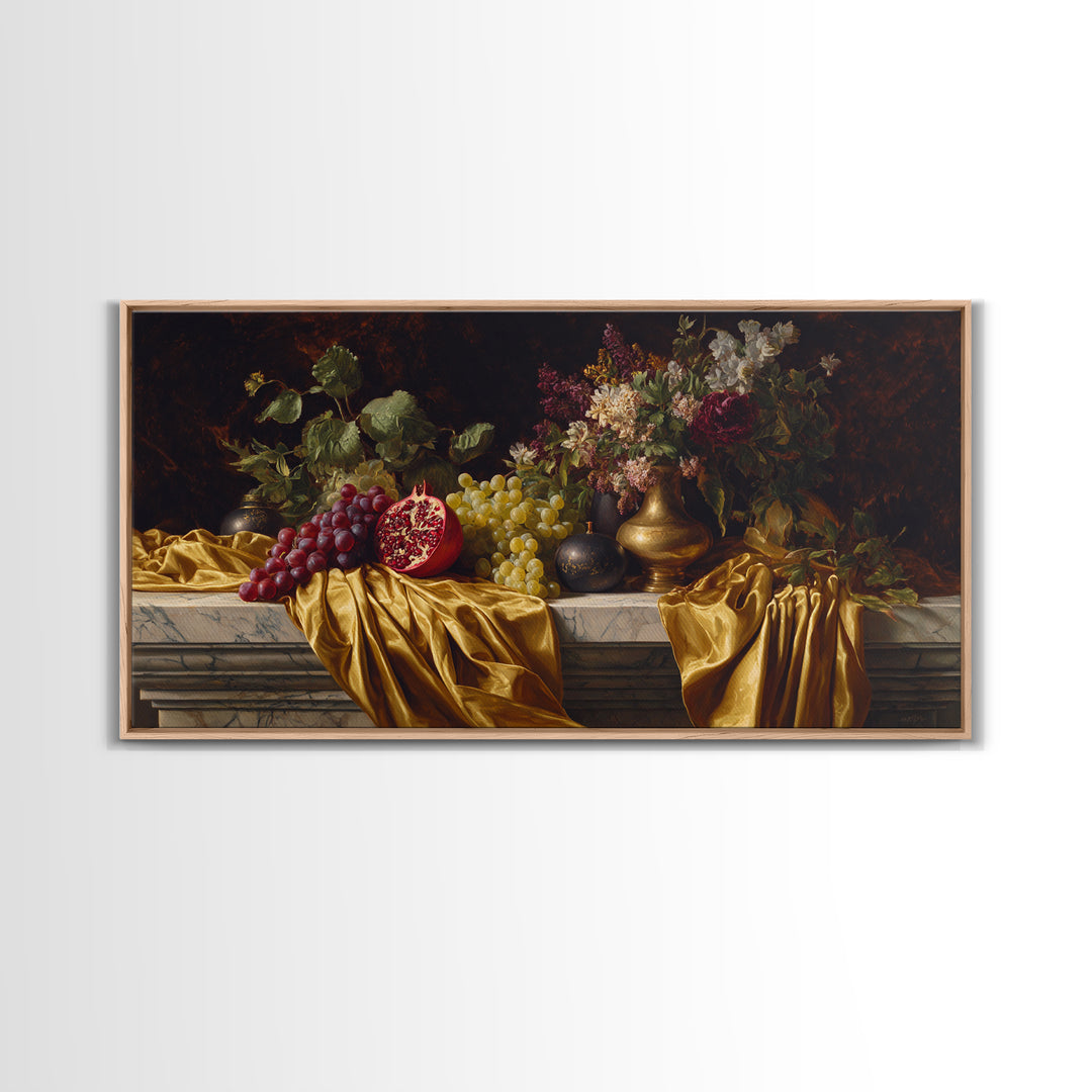 Pomegranate and Grapes on a Marble Ledge Framed Canvas Print, Baroque Art, Eclectic Wall Art, Living Room Decor, Ornate, BAO-2x1-100