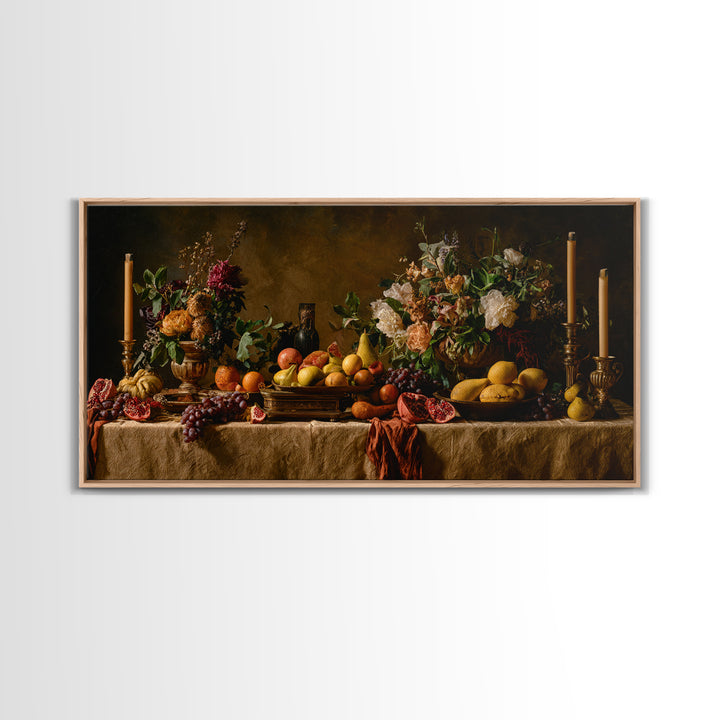 Lavish Banquet Fruit Composition Framed Canvas Print, Baroque Art, Neutral Decor, Living Room Decor, Fine Art, Ornate, BAO-2x1-16