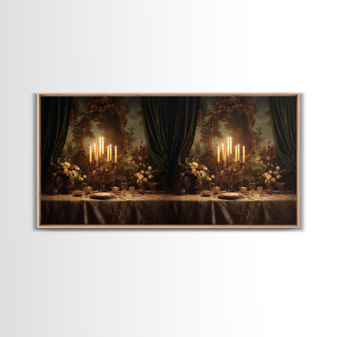 Velvet Drapery with Pearls Flowers and Candlelight Framed Canvas Print, Baroque Art, Wall Art, Living Room Decor, BAO-2x1-23