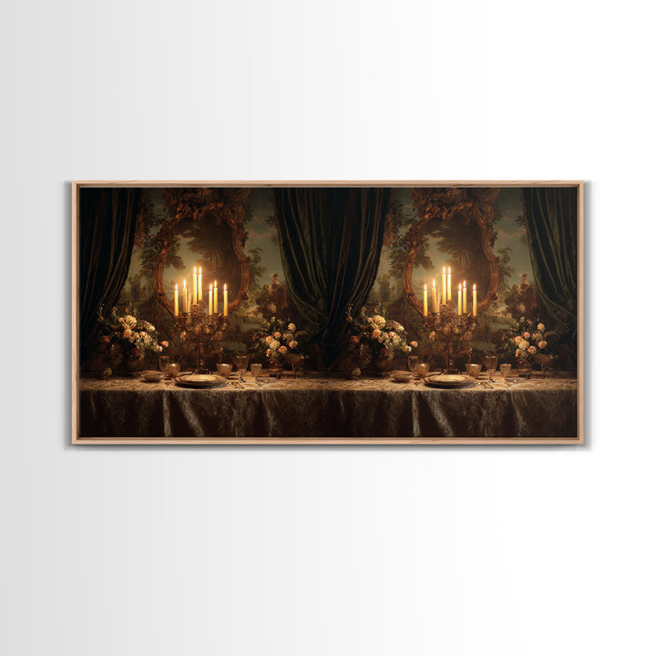 Velvet Drapery with Pearls Flowers and Candlelight Framed Canvas Print, Baroque Art, Wall Art, Living Room Decor, BAO-2x1-23