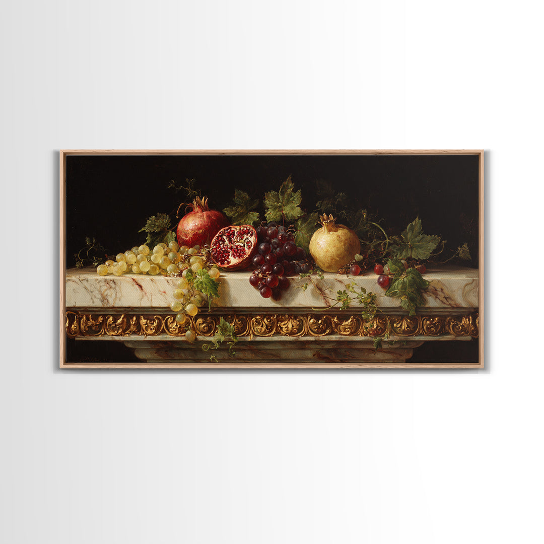Pomegranate and Grapes on a Marble Ledge Framed Canvas Print, Baroque Art, Textured Painting, Living Room Decor, Ornate, BAO-2x1-28