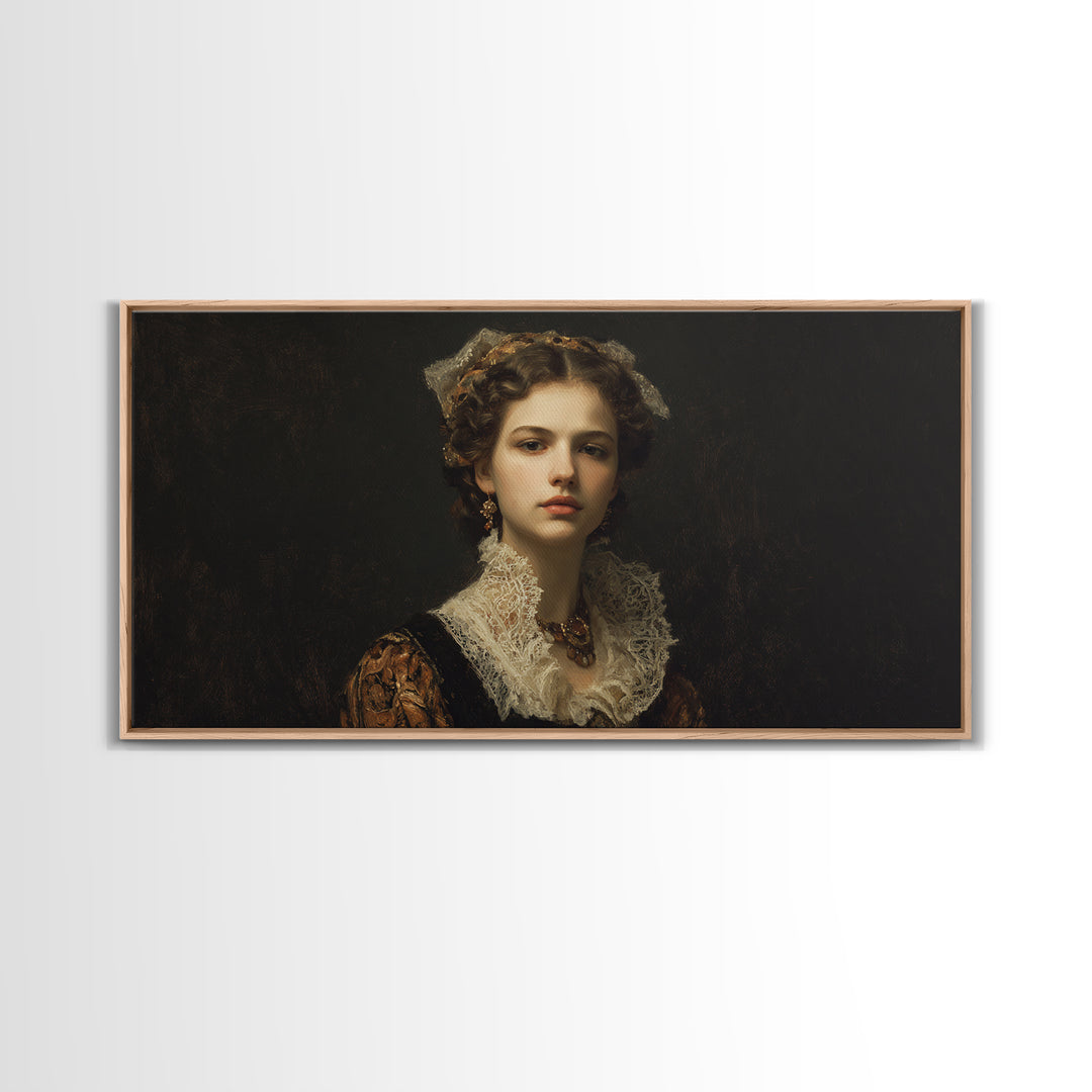 Classical Portrait with Lace Collar and Jewel Framed Canvas Print, Baroque Art, Oil Painting, Living Room Decor, Ornate, BAO-2x1-3
