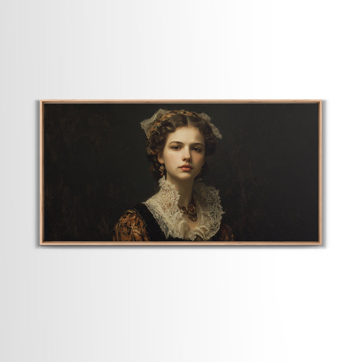 Classical Portrait with Lace Collar and Jewel Framed Canvas Print, Baroque Art, Oil Painting, Living Room Decor, Ornate, BAO-2x1-3