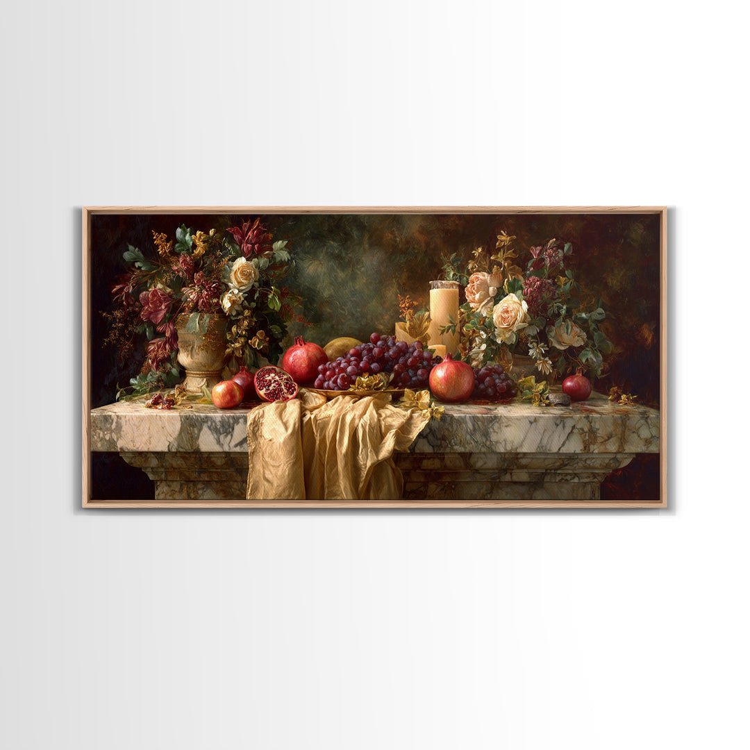Pomegranate and Grapes on a Marble Ledge Canvas Print, Baroque Art, Statement Artwork, Living Room Decor, Fine Art, Ornate, BAO-2x1-4