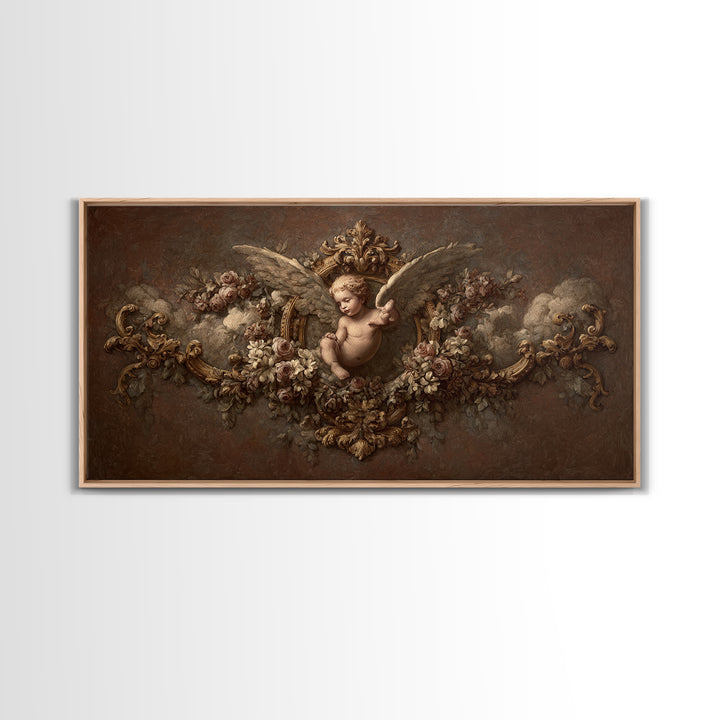 Ornate Cherub Figure Surrounded by Clouds and Framed Canvas Print, Baroque Art, Neutral Decor, Living Room Decor, Ornate, BAO-2x1-46