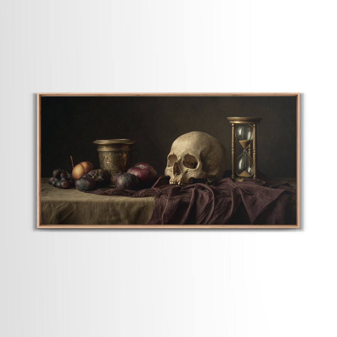 Skull and Hourglass Vanitas Still Life Canvas Print, Baroque Art, Luxury Decor, Living Room Decor, Ornate, Oil Painting, BAO-2x1-49