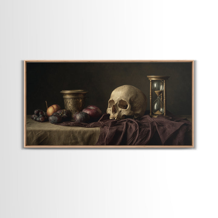 Skull and Hourglass Vanitas Still Life Canvas Print, Baroque Art, Luxury Decor, Living Room Decor, Ornate, Oil Painting, BAO-2x1-49