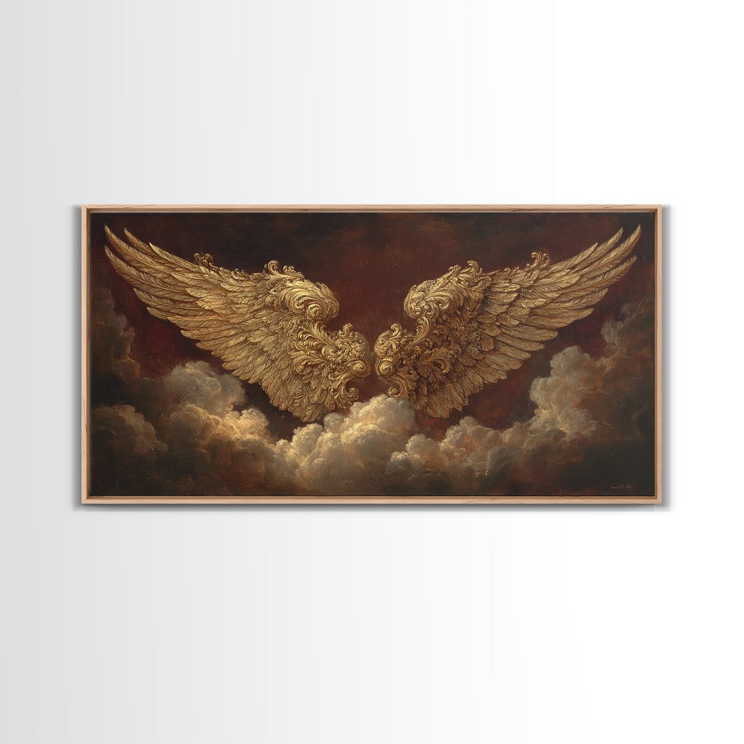 Gilded Angel Wings Emerging from Storm Clouds Framed Canvas Print, Baroque Art, Modern Decor, Living Room Decor, Ornate, BAO-2x1-50