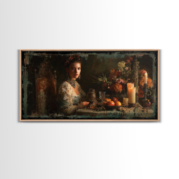 Classical Portrait with Lace Collar and Jewel Framed Canvas Print, Baroque Art, Oil Painting, Living Room Decor, Ornate, BAO-2x1-51