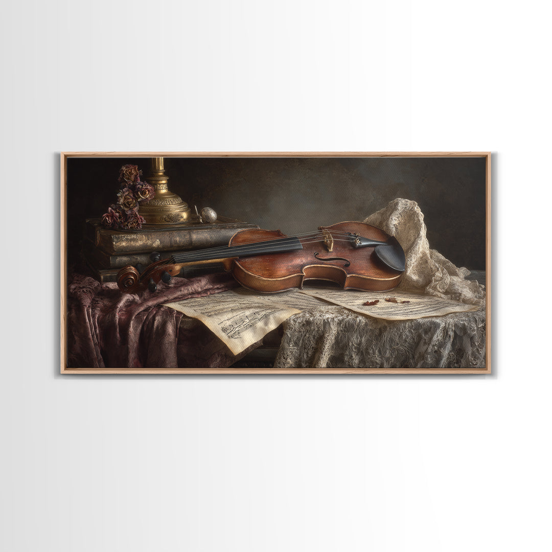 Baroque Violin and Sheet Music Still Life Framed Canvas Print, Baroque Art, Digital Wall Art, Living Room Decor, Ornate, BAO-2x1-55
