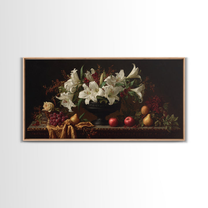 Dramatic White Lilies Framed Canvas Print, Baroque Art, Painting, Living Room Decor, Fine Art, Ornate, Living Room Wall Art, BAO-2x1-56