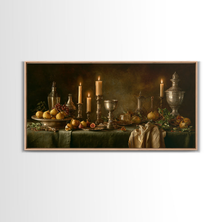 Candlelit Table with Silver Goblet and Figs Canvas Print, Baroque Art, Fine Art Print, Living Room Decor, Fine Art, Ornate, BAO-2x1-57