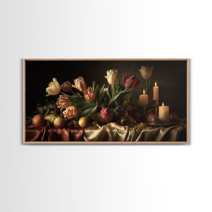 Black Background Tulips Framed Canvas Print, Baroque Art, Decor, Living Room Decor, Oil Painting, Ornate, Moody Wall Art, BAO-2x1-60