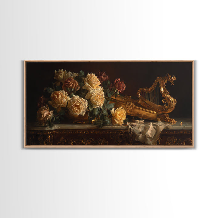 Golden Harp and Roses Canvas Print, Baroque Art, Gallery Decor, Living Room Decor, Oil Painting, Ornate, Minimalist Decor, BAO-2x1-62