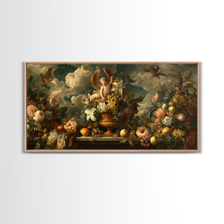 Ornate Cherub Figure Surrounded by Clouds and Canvas Print, Baroque Art, Luxury Decor, Living Room Decor, Fine Art, Ornate, BAO-2x1-70
