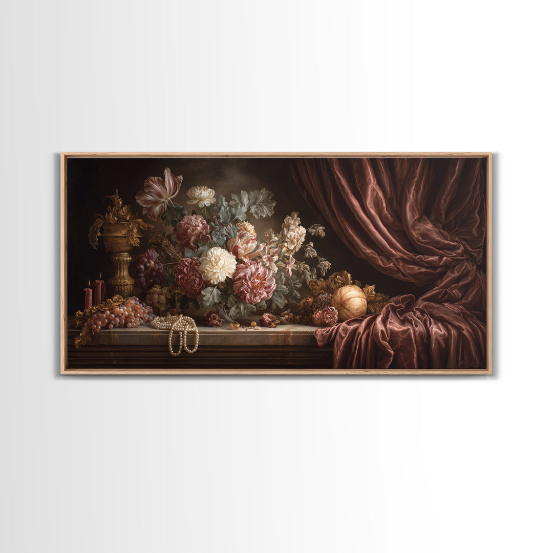Velvet Drapery with Pearls Flowers and Candlelight Canvas Print, Baroque Art, Minimalist Wall Art, Living Room Decor, Ornate, BAO-2x1-71