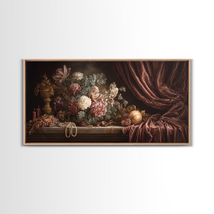 Velvet Drapery with Pearls Flowers and Candlelight Canvas Print, Baroque Art, Minimalist Wall Art, Living Room Decor, Ornate, BAO-2x1-71