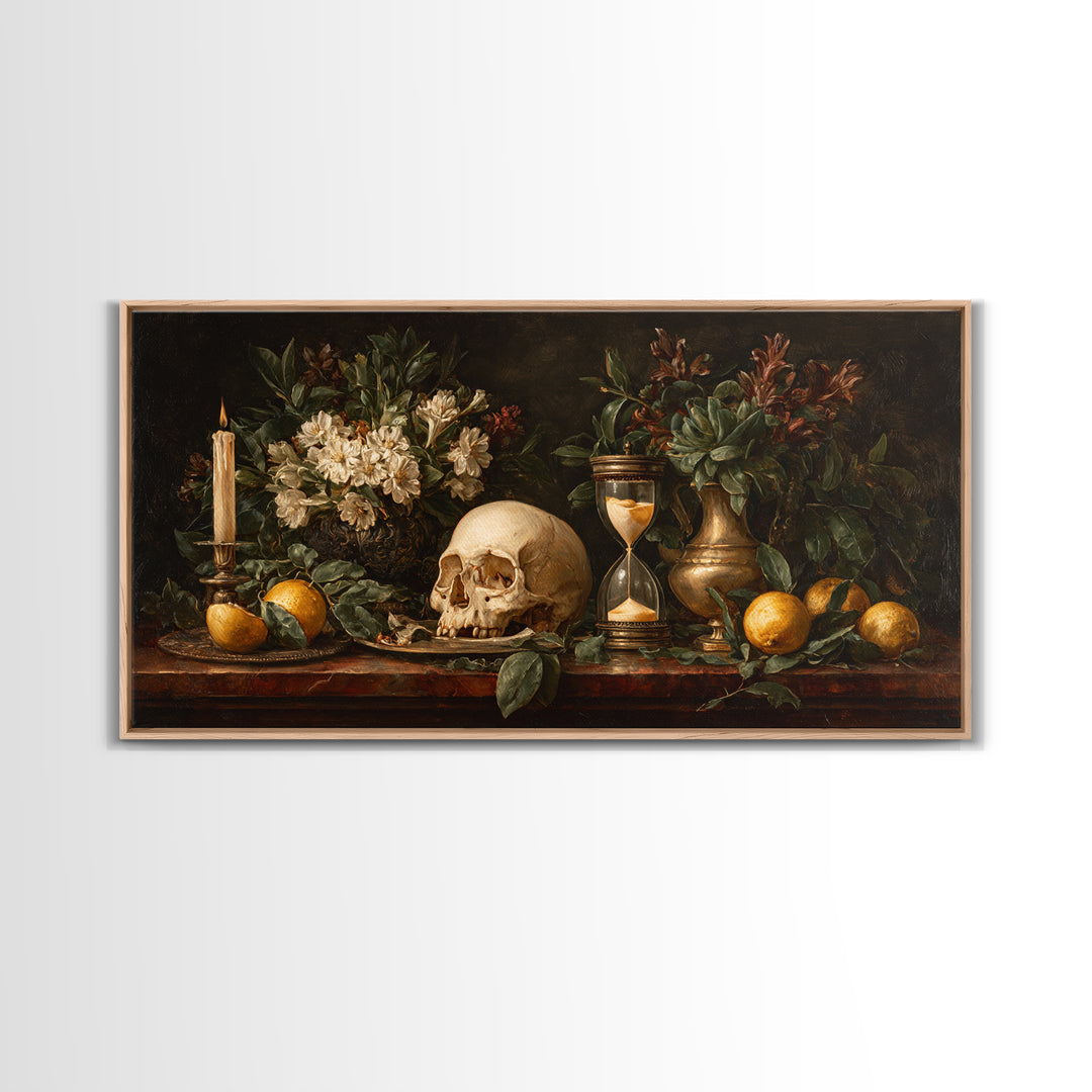 Skull and Hourglass Vanitas Still Life Canvas Print, Baroque Art, Luxury Decor, Living Room Decor, Ornate, Oil Painting, BAO-2x1-73