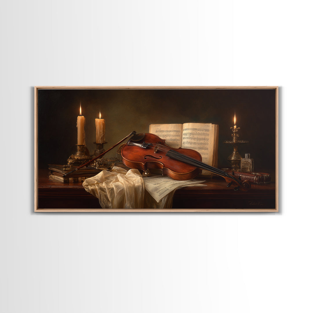 Baroque Violin and Sheet Music Still Life Framed Canvas Print, Baroque Art, Eclectic Wall Art, Living Room Decor, Ornate, BAO-2x1-79