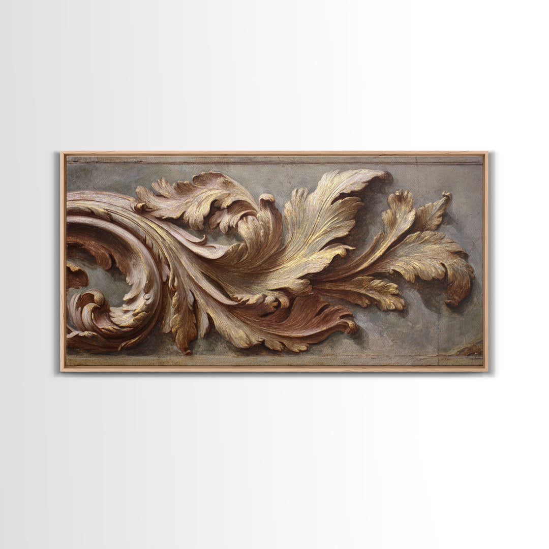 Carved Acanthus Leaf Ornament Study Framed Canvas Print, Baroque Art, Boho Decor, Living Room Decor, Oil Painting, Ornate, BAO-2x1-83
