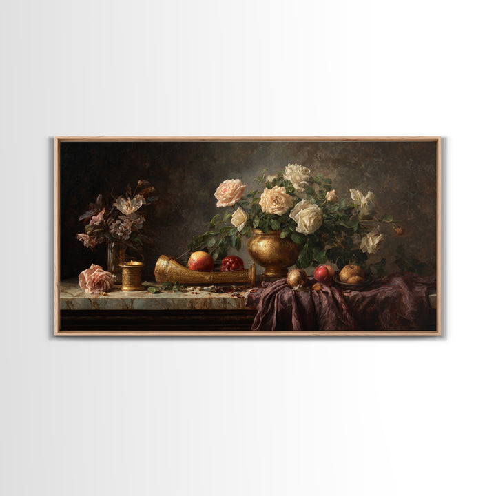 Golden Harp and Roses Framed Canvas Print, Baroque Art, Boho Decor, Living Room Decor, Fine Art, Ornate, Printable Wall Art, BAO-2x1-86