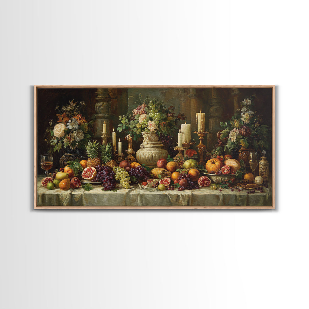 Lavish Banquet Fruit Composition Framed Canvas Print, Baroque Art, Whimsical Decor, Living Room Decor, Fine Art, Ornate, BAO-2x1-88