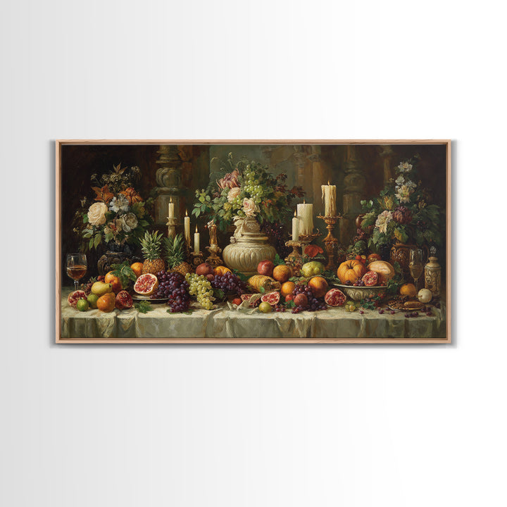 Lavish Banquet Fruit Composition Framed Canvas Print, Baroque Art, Whimsical Decor, Living Room Decor, Fine Art, Ornate, BAO-2x1-88