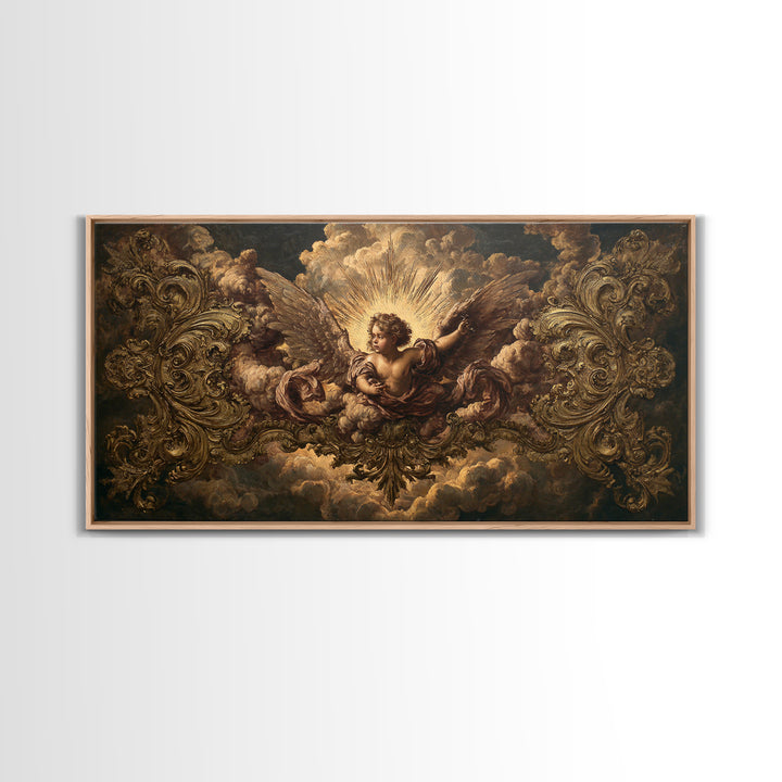 Ornate Cherub Figure Surrounded by Clouds and Canvas Print, Baroque Art, Luxury Decor, Living Room Decor, Fine Art, Ornate, BAO-2x1-94