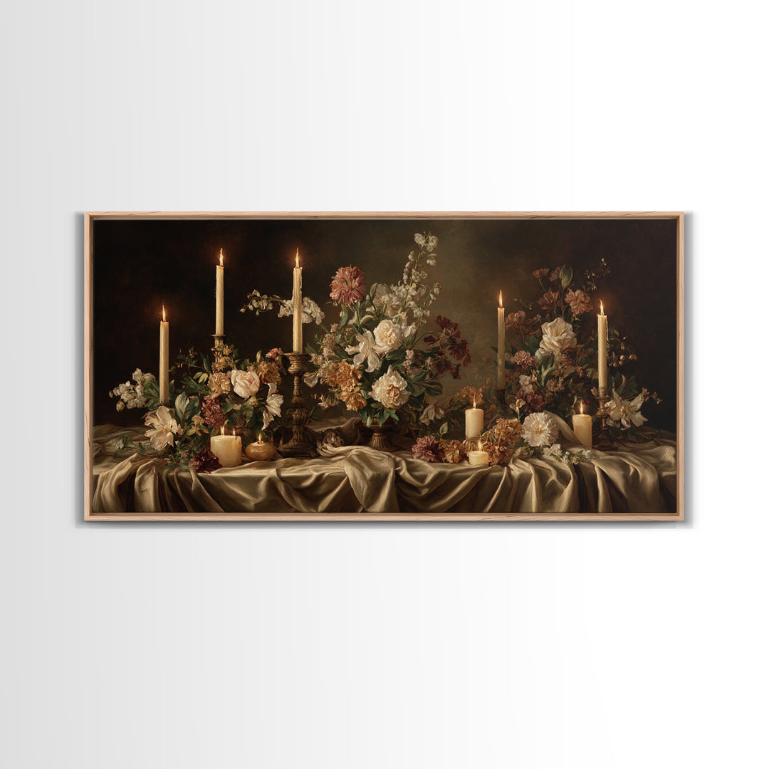 Velvet Drapery with Pearls Flowers and Candlelight Canvas Print, Baroque Art, Maximalist Decor, Living Room Decor, Ornate, BAO-2x1-95