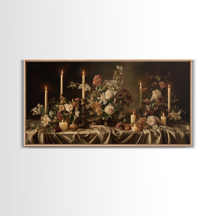 Velvet Drapery with Pearls Flowers and Candlelight Canvas Print, Baroque Art, Maximalist Decor, Living Room Decor, Ornate, BAO-2x1-95