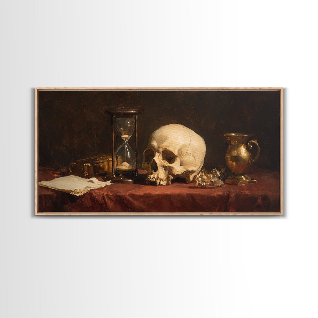 Skull and Hourglass Vanitas Still Life Framed Canvas Print, Baroque Art, Contemporary Art, Living Room Decor, Fine Art, Ornate, BAO-2x1-97