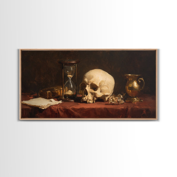 Skull and Hourglass Vanitas Still Life Framed Canvas Print, Baroque Art, Contemporary Art, Living Room Decor, Fine Art, Ornate, BAO-2x1-97