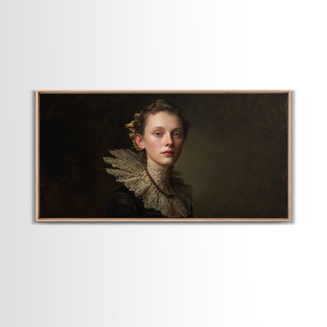 Classical Portrait with Lace Collar and Jewel Framed Canvas Print, Baroque Art, Oil Painting, Living Room Decor, Ornate, BAO-2x1-99