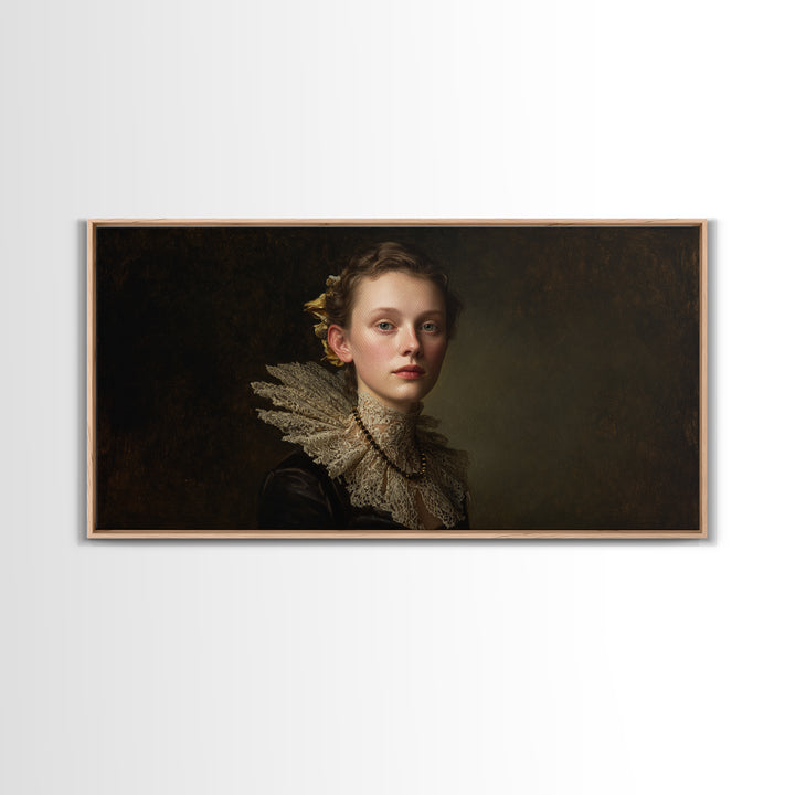 Classical Portrait with Lace Collar and Jewel Framed Canvas Print, Baroque Art, Oil Painting, Living Room Decor, Ornate, BAO-2x1-99