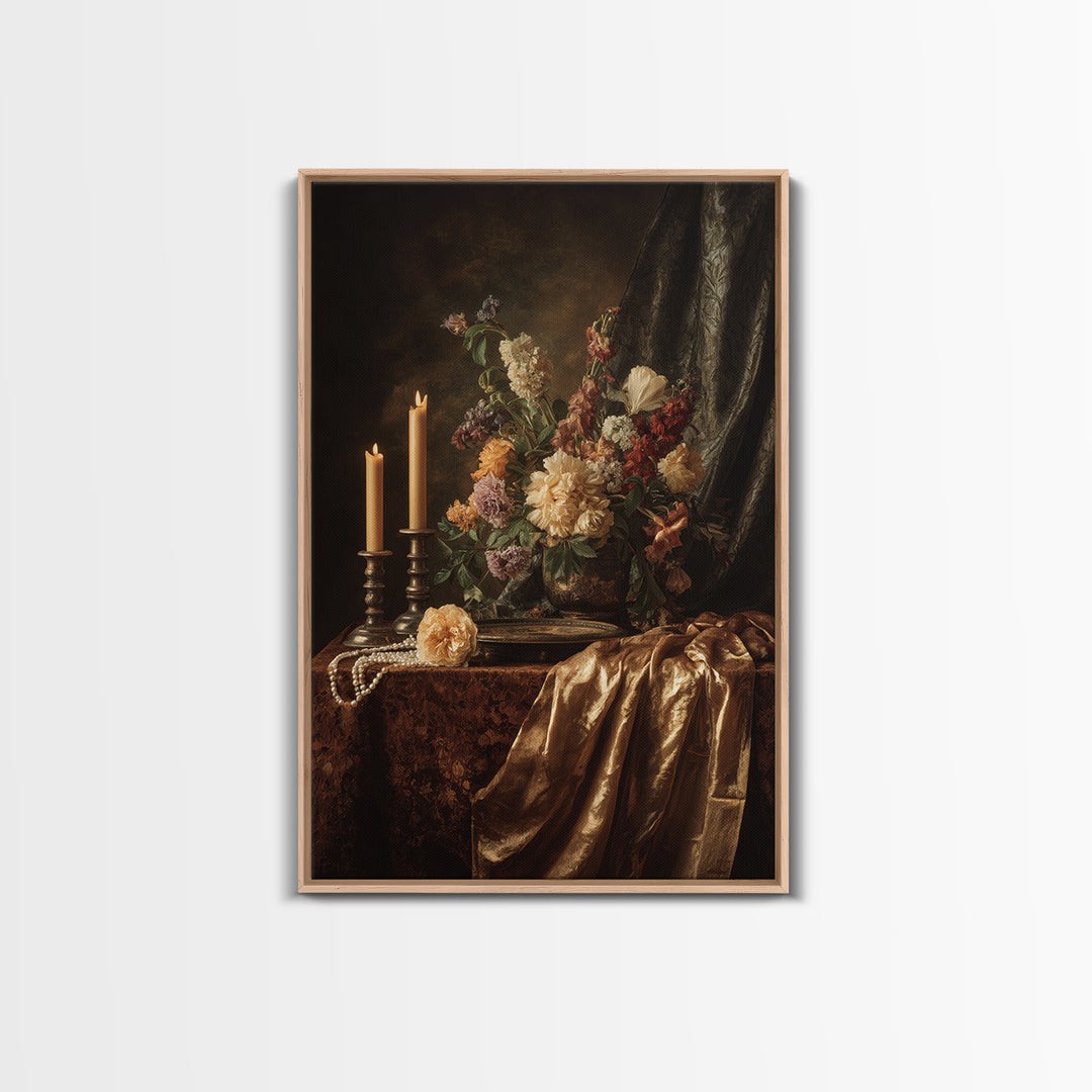 Velvet Drapery with Pearls Flowers and Candlelight Canvas Print, Baroque Art, Printable Art, Living Room Decor, Ornate, BAO-2x3-11