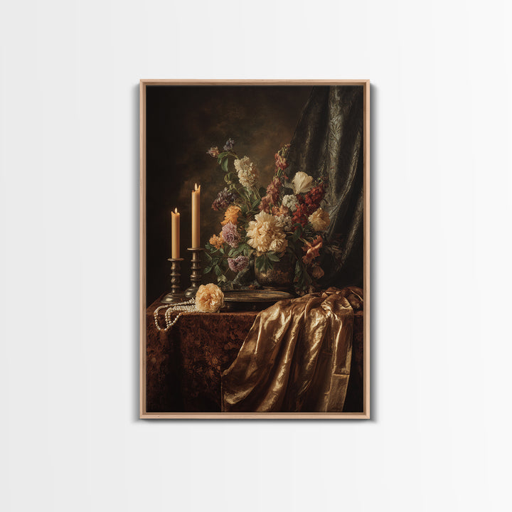 Velvet Drapery with Pearls Flowers and Candlelight Canvas Print, Baroque Art, Printable Art, Living Room Decor, Ornate, BAO-2x3-11