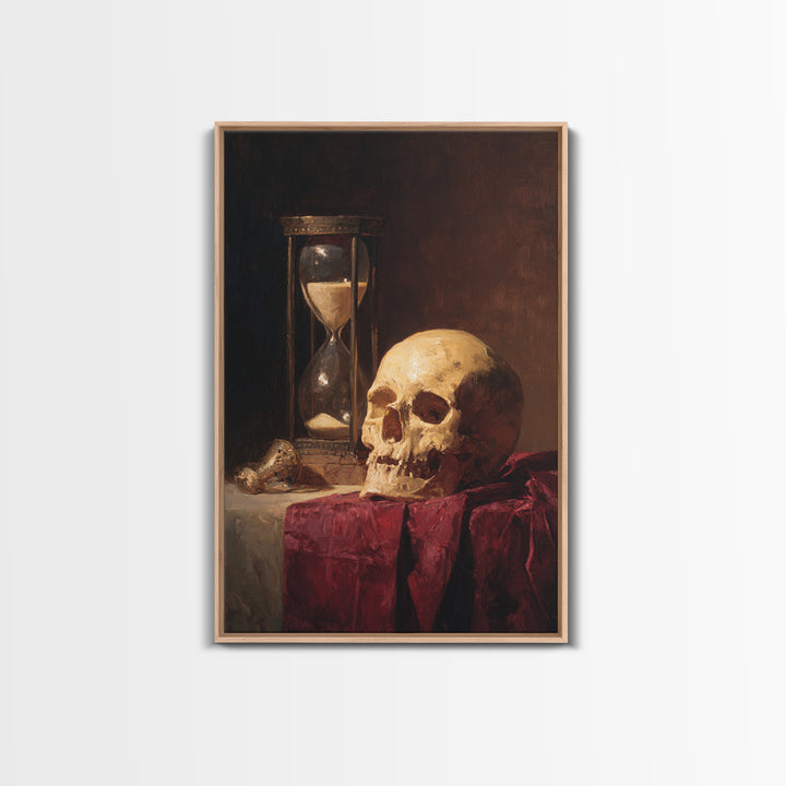 Skull and Hourglass Vanitas Still Life Framed Canvas Print, Baroque Art, Neutral Decor, Living Room Decor, Fine Art, Ornate, BAO-2x3-13