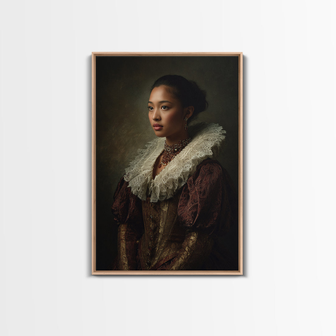 Classical Portrait with Lace Collar and Jewel Canvas Print, Baroque Art, Dark Academia Decor, Living Room Decor, Ornate, BAO-2x3-15