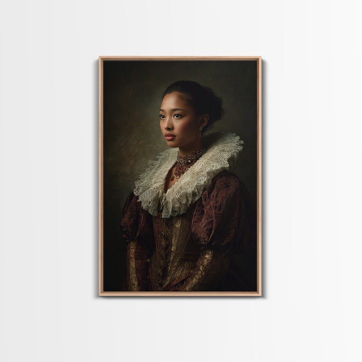 Classical Portrait with Lace Collar and Jewel Canvas Print, Baroque Art, Dark Academia Decor, Living Room Decor, Ornate, BAO-2x3-15