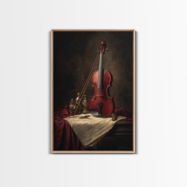 Baroque Violin and Sheet Music Still Life Framed Canvas Print, Baroque Art, Whimsical Decor, Living Room Decor, Ornate, BAO-2x3-19