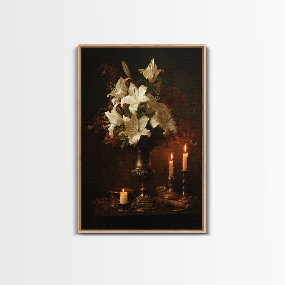 Dramatic White Lilies Framed Canvas Print, Baroque Art, Modern Decor, Living Room Decor, Oil Painting, Ornate, Poster, BAO-2x3-20