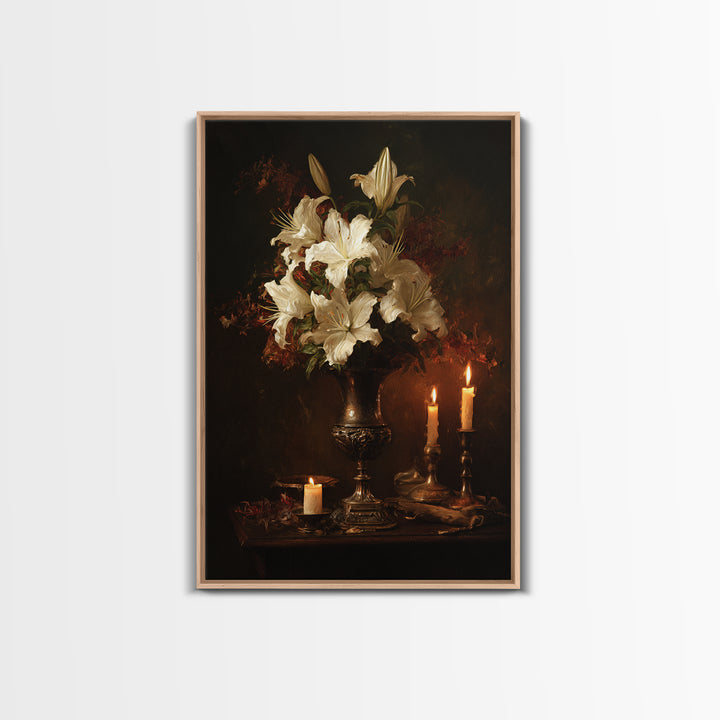 Dramatic White Lilies Framed Canvas Print, Baroque Art, Modern Decor, Living Room Decor, Oil Painting, Ornate, Poster, BAO-2x3-20