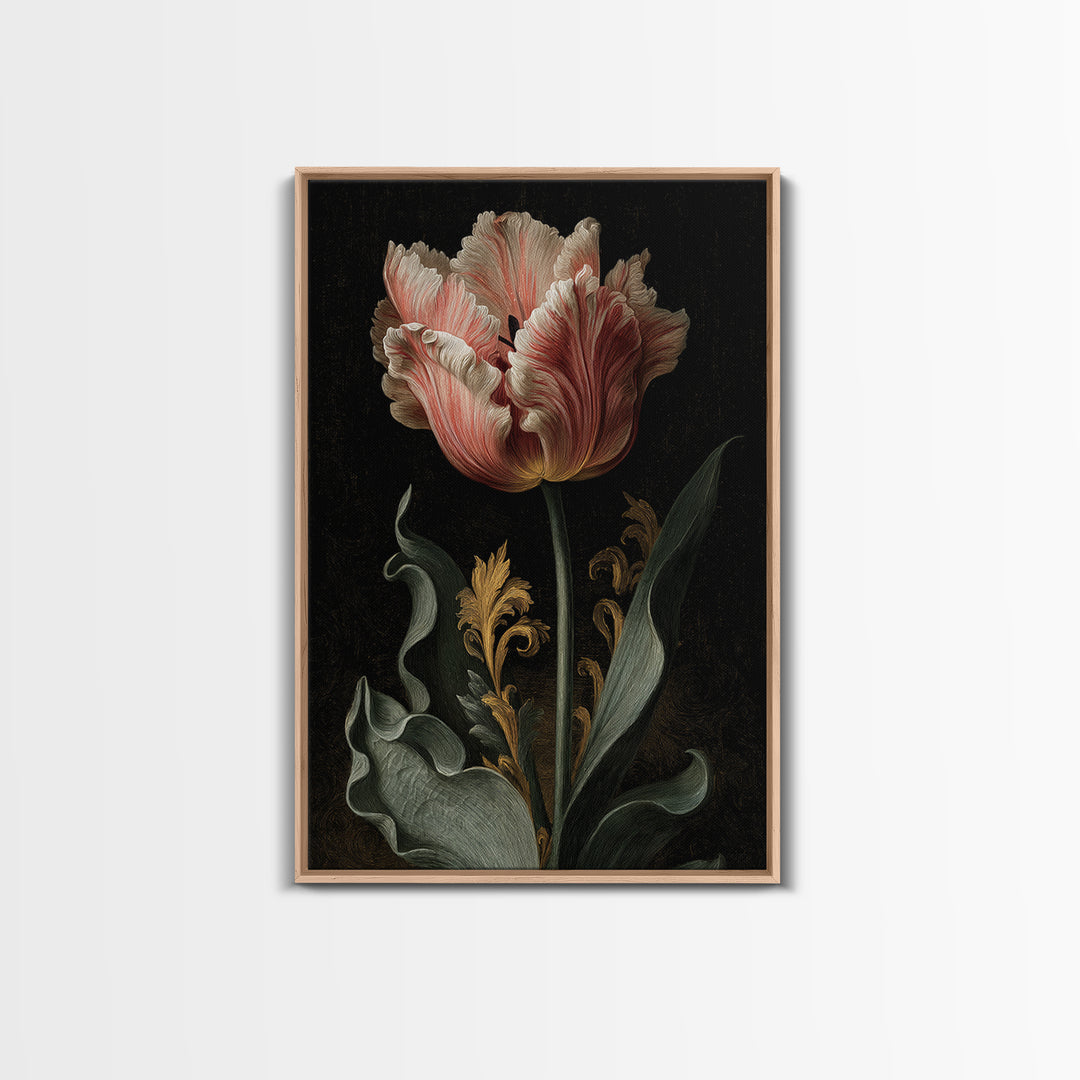 Black Background Tulips Framed Canvas Print, Baroque Art, Oil Painting, Living Room Decor, Fine Art, Ornate, Eclectic Wall Art, BAO-2x3-24