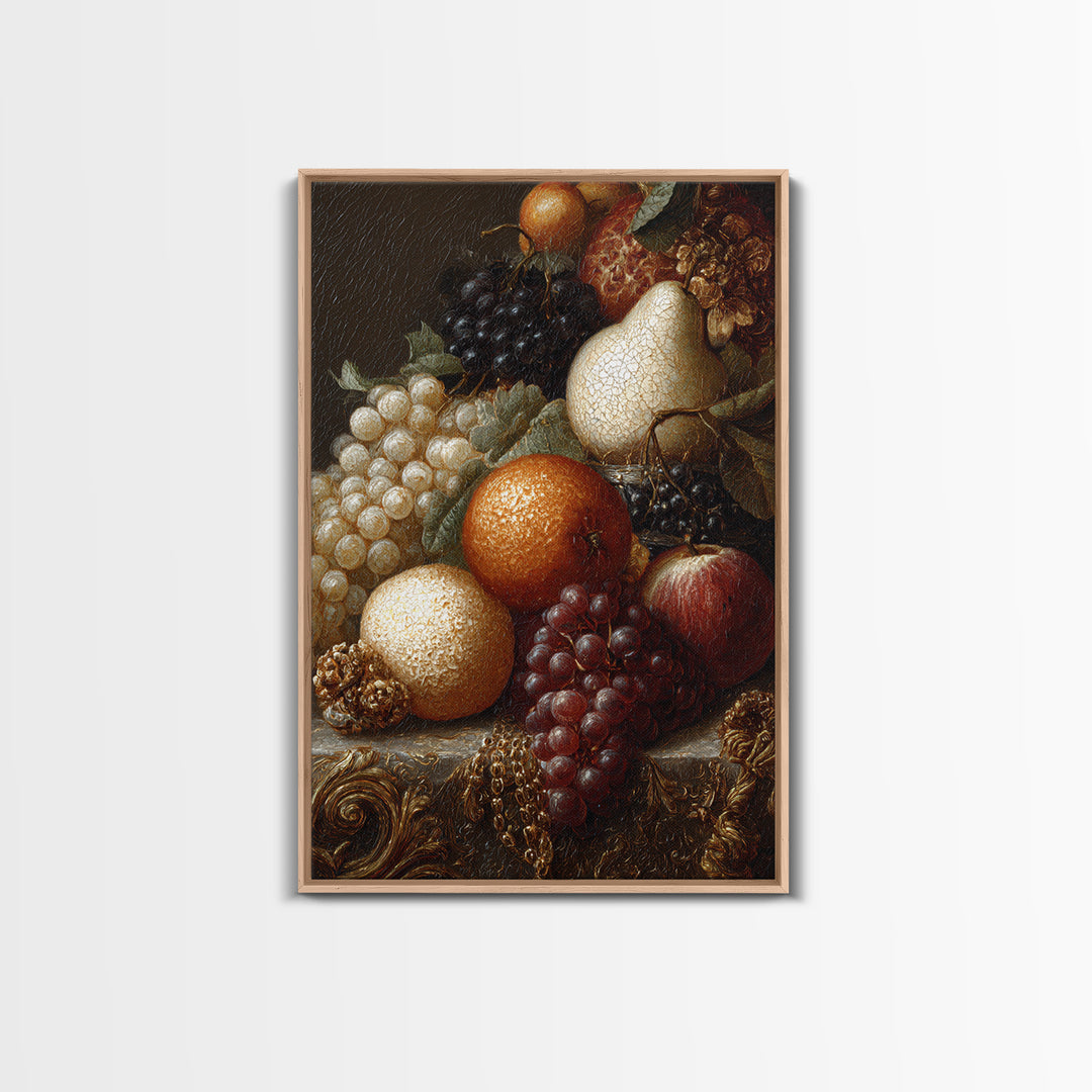 Lavish Banquet Fruit Composition Framed Canvas Print, Baroque Art, Textured Painting, Living Room Decor, Fine Art, Ornate, BAO-2x3-28