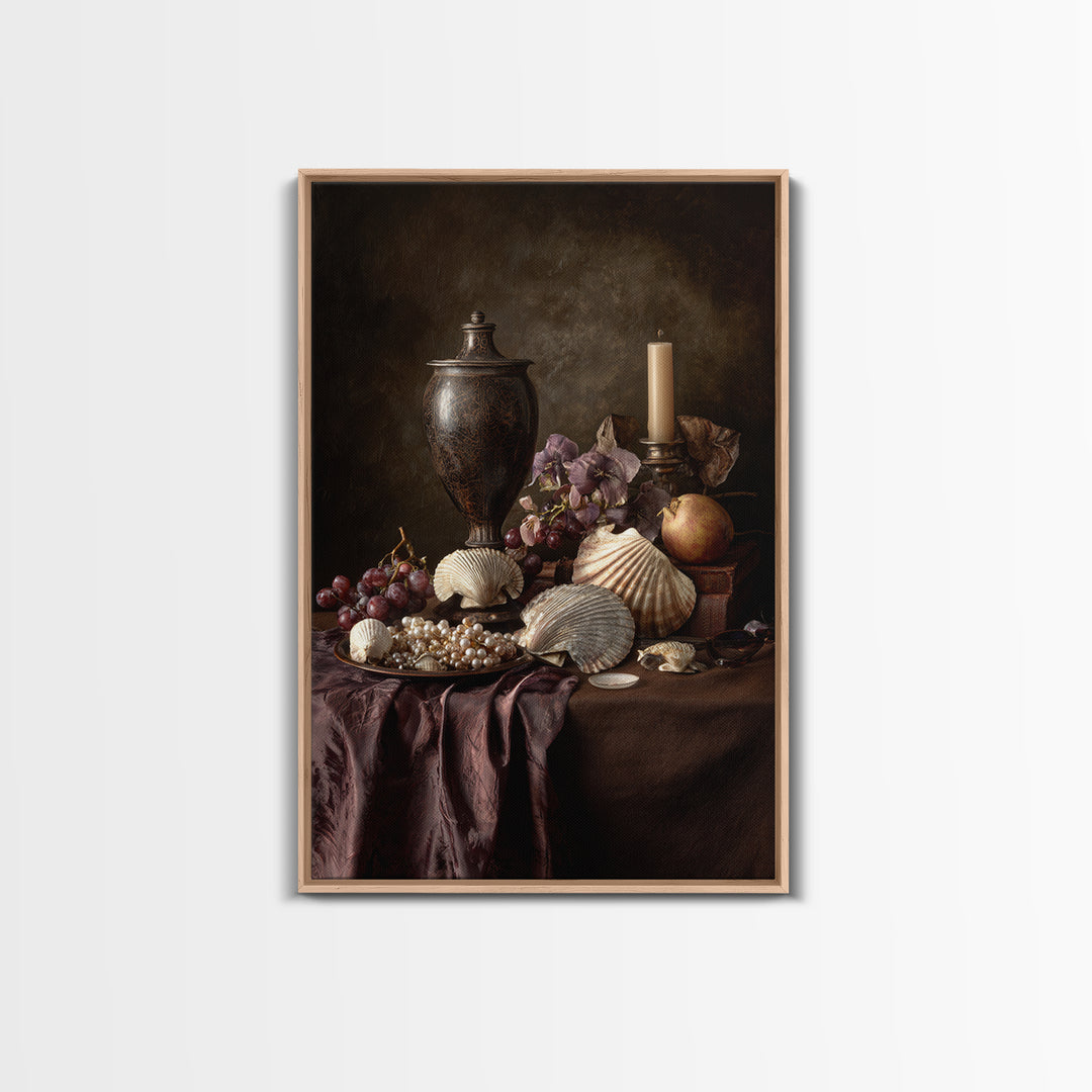 Ornamental Shell and Pearl Composition Framed Canvas Print, Baroque Art, Feminist Art, Living Room Decor, Fine Art, Ornate, BAO-2x3-30