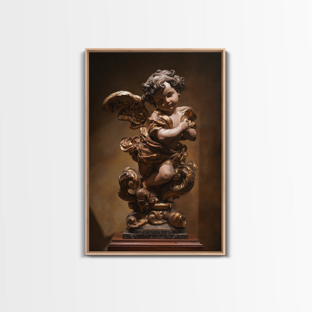 Ornate Cherub Figure Surrounded by Clouds and Framed Canvas Print, Baroque Art, Neutral Decor, Living Room Decor, Oil Painting, BAO-2x3-34