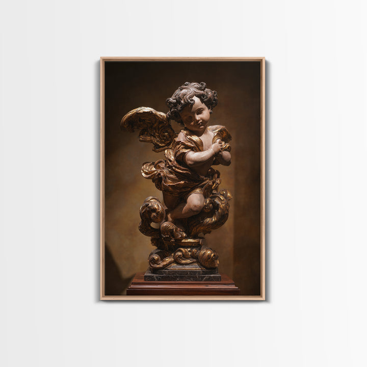 Ornate Cherub Figure Surrounded by Clouds and Framed Canvas Print, Baroque Art, Neutral Decor, Living Room Decor, Oil Painting, BAO-2x3-34